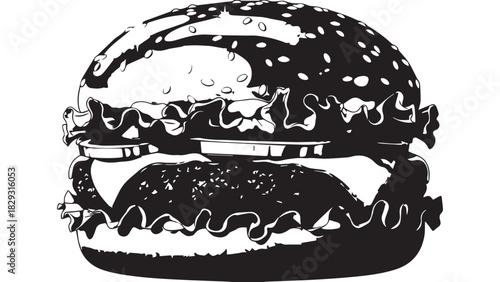 Monochrome illustration of a classic hamburger with sesame bun and toppings.
