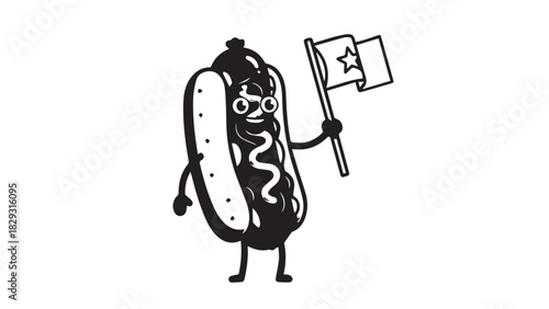 Playful cartoon hot dog mascot waving a flag in a bold black and white illustration.