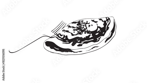Monochrome illustration of an open oyster on a plate in a minimalist style.
