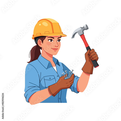 Handywoman Ready to Work Holding Nails and Hammer in Construction Job