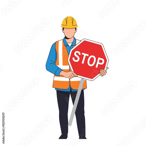 Construction Worker Holding a Stop Sign Illustration