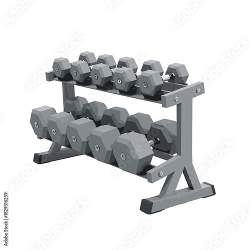 Dumbbell Rack with Gray Weights on Transparent Background