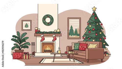 Festive cartoon living room scene with Christmas tree and fireplace decor setting a cozy winter