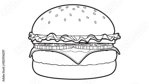 Clean line drawing of a classic cheeseburger on a sesame bun, showcasing a tasty, delicious sandwich concept.