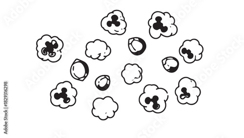 Group of popped popcorn kernels scattered in a playful arrangement.