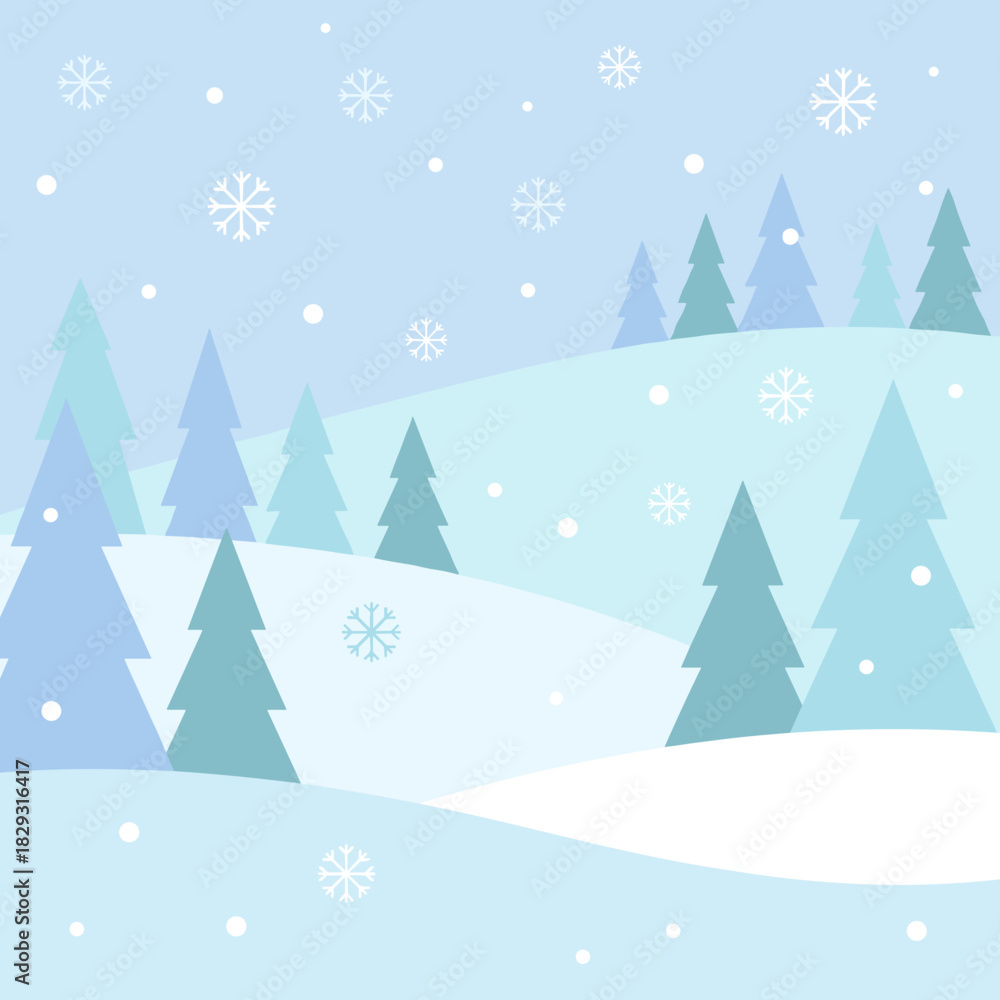 Obraz premium A serene winter landscape illustration with snowy hills and pine trees
