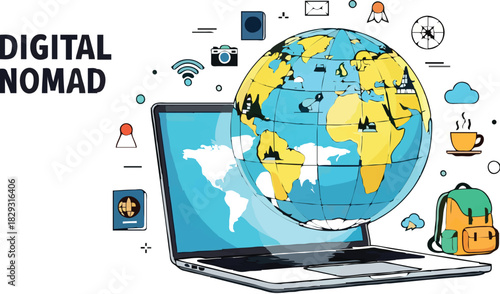 Embrace the digital nomad lifestyle with a laptop showing global connections, perfect for travel blogs and modern business presentations about remote work