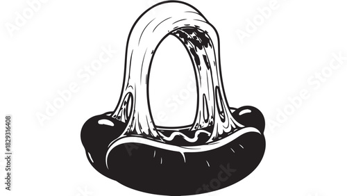 Monochrome illustration of a stylized toilet seat with splash in a graphic design style.