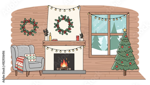 Festive holiday interior scene with christmas tree and warm fireplace illustration