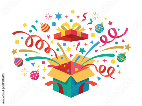 Vibrant illustration of a surprise gift box exploding with confetti and presents for a celebration