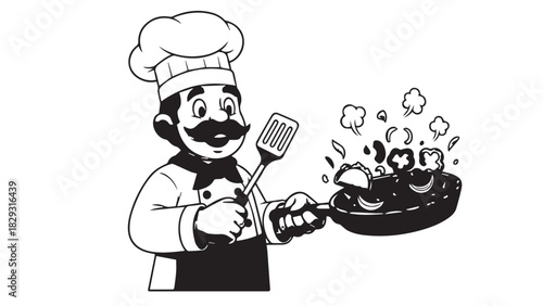 Playful Cartoon Chef Frying Pan in a Busy Kitchen Scene.