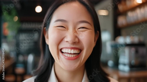 Close-up of the face of a Korean female staff laughing in a modern coffee shop.