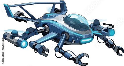 Futuristic blue flying machine with robotic arms ready for action, ideal for sci-fi games or tech innovations projects that need a cool, cutting edge look