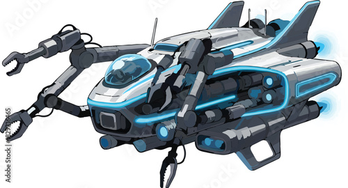 Futuristic spacecraft with robotic arms for space exploration and resource gathering in a stunning sci-fi adventure concept art piece with glowing details