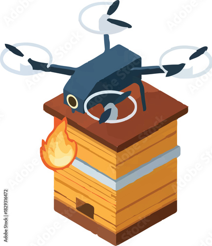 Futuristic firefighting with advanced drone technology extinguishing flames on a wooden structure illustrating safety innovation and rapid response solutions