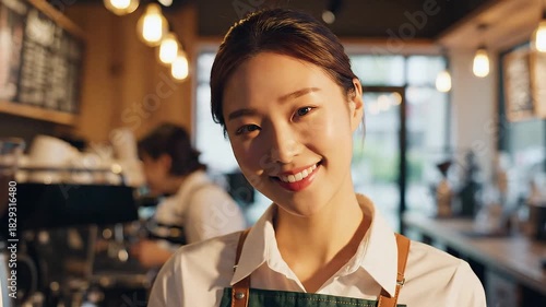 Close-up of the face of a Korean female staff laughing in a modern coffee shop.
