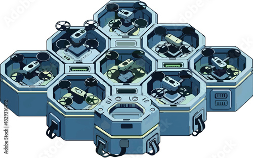 Futuristic drone hive ready for autonomous delivery or surveillance missions, showcasing innovative technology and sci-fi design for advanced aerial operations