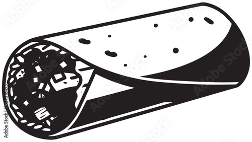 Illustration of a rolled tortilla burrito with filling in a black and white style suitable for food imagery.