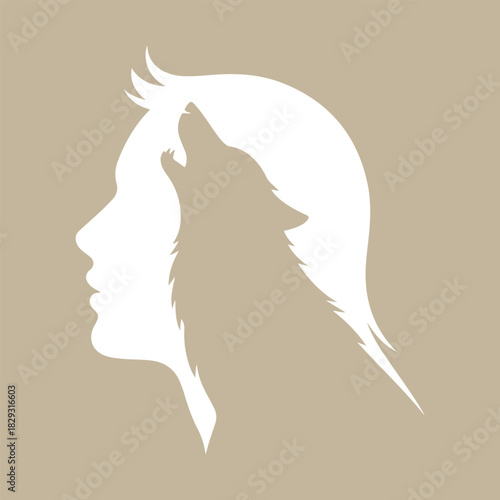 Silhouette of a man and a howling wolf