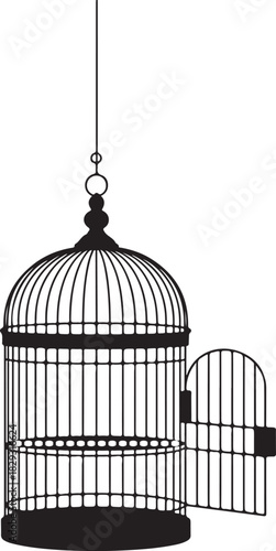 Silhouette of an open birdcage hanging