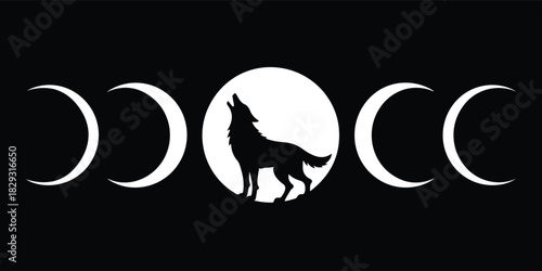 Silhouette wolf howling at the moon phase design