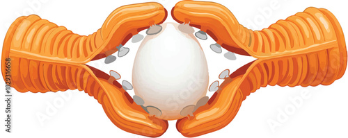 Creative illustration of an egg gently held by orange supports with suction cups, perfect for science, technology, or abstract concepts