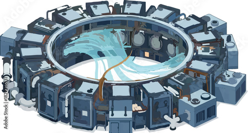 Cutting-edge tokamak fusion reactor concept for sustainable clean energy research, showcasing advanced technology and innovation in a detailed isometric illustration