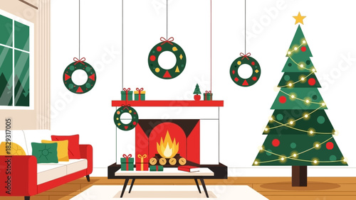 Festive christmas interior scene showcasing a decorated christmas tree and fireplace holiday bliss