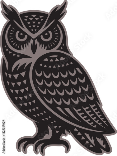 Stylized owl illustration in black and gray colors