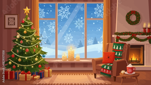 Cozy christmas interior scene with decorated tree fireplace and snowy window view