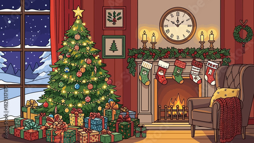 Cozy Christmas Eve scene with decorated tree gifts fireplace and winter view provides festive cheer