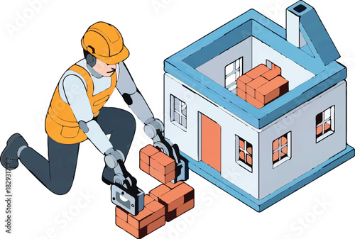 Robotic construction worker building modern house with bricks, showcasing future technology and innovative architecture solutions for homebuilding projects