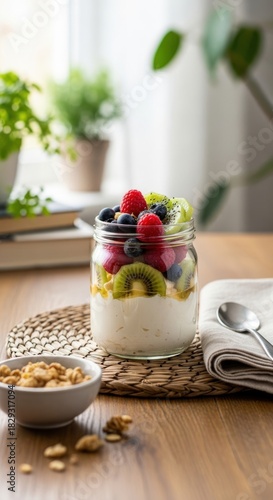 Delicious Overnight Oats with Fresh Berries and Kiwi in a Jar.