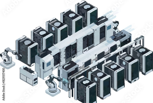 Explore cutting edge server technology in this dynamic isometric view, perfect for technology presentations or website illustrations needing a futuristic edge