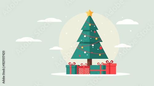 Festive christmas tree illustration with presents, evoking holiday spirit and cheerfulness