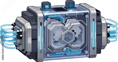 Cutting edge hydrogen reactor design powering future technology solutions with blue energy cables and sleek modern design elements for innovative concepts