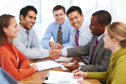 Diverse Business Team Collaborating and Shaking Hands at Conference Table