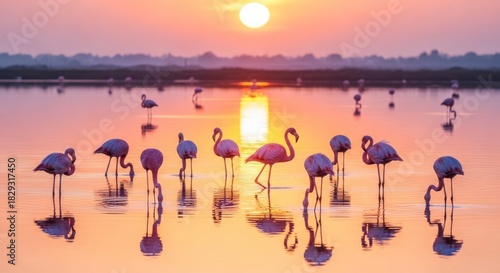 Flamingos wading in shallow water at sunset with reflections.