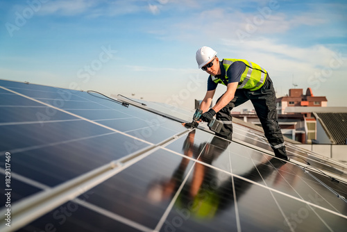 Professional who installs solar energy systems,  procuring equipment, and performing the physical installation of solar panels on roofs. 