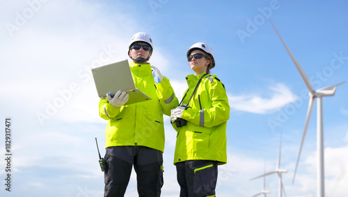 Workers in bright jackets analyze data at a wind farm under a clear blue sky