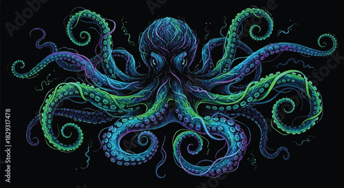 Intense Bioluminescent Blue and Green Octopus Illustration