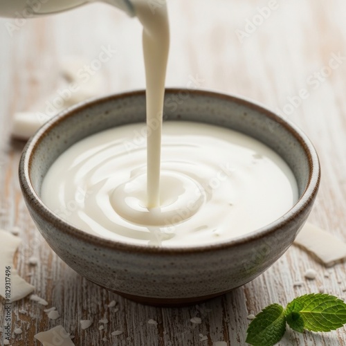 Pouring fresh creamy coconut milk into a rustic ceramic bowl on a wooden table.