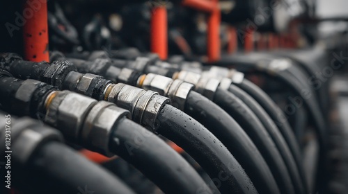Closeup of industrial hydraulic hoses and fittings on heavy machinery.
