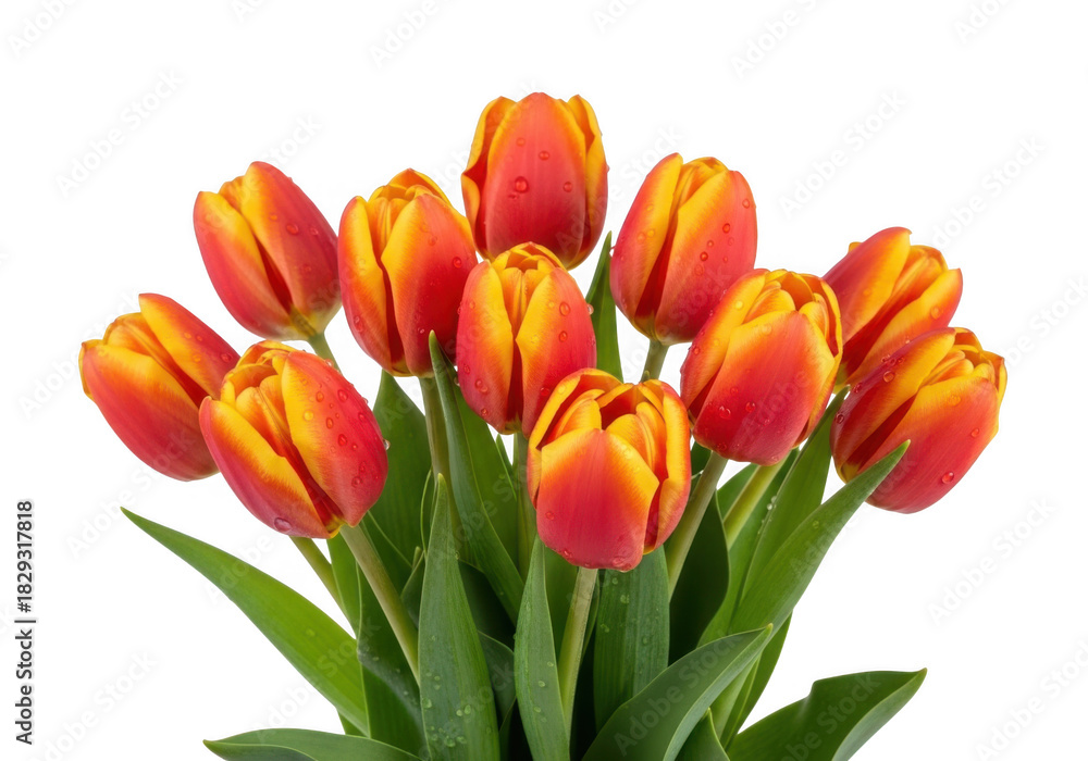 Fototapeta premium Bunch of orange tulips with green leaves isolated on transparent background