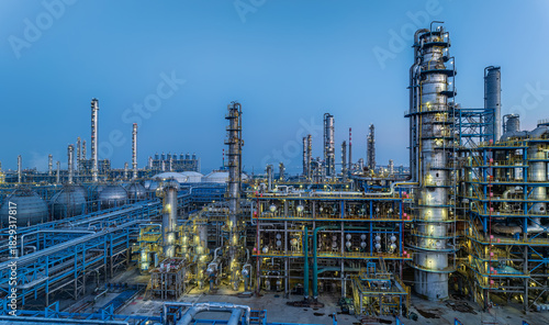 Complex steel pipelines and distillation towers in chemical plant.