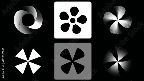 Abstract geometric shapes and modern symbols set featuring spinning propellers and minimalist icons in monochrome design