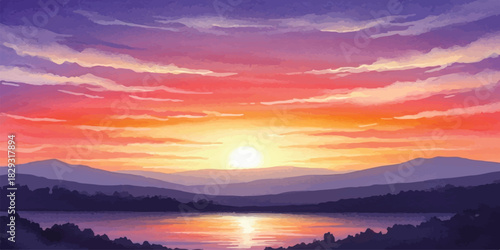 Scenic sunset landscape illustration featuring mountains and a lake perfect for backgrounds and atmospheric designs