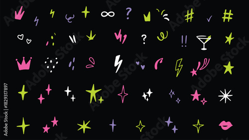 Set of hand drawn cute line  design elements. Sketch drawing in manga manga Japanese style. Magic, motion, movement,  explosion, angry comic effect. Heart, star,  shape  vector art and  illustration