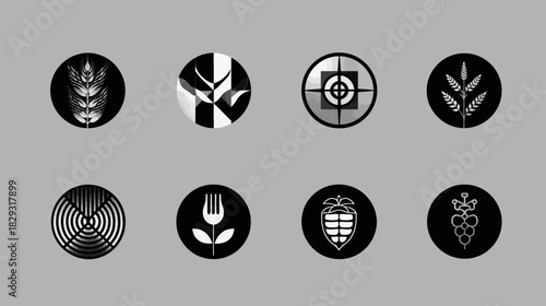 Minimalist agricultural and botanical icons set. Features wheat, hops, grapes, and flower symbols in black and white.
