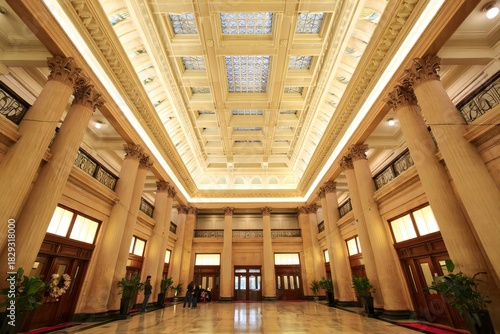 Grand Historic Bank Lobby - Architectural Detail and People